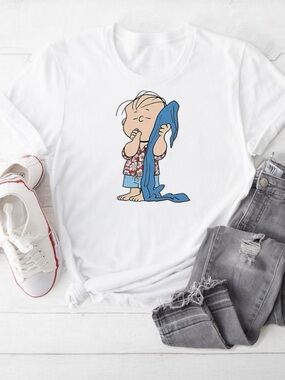 White Graphic Tee with Cute Charlie Brown Friends Cartoon Character